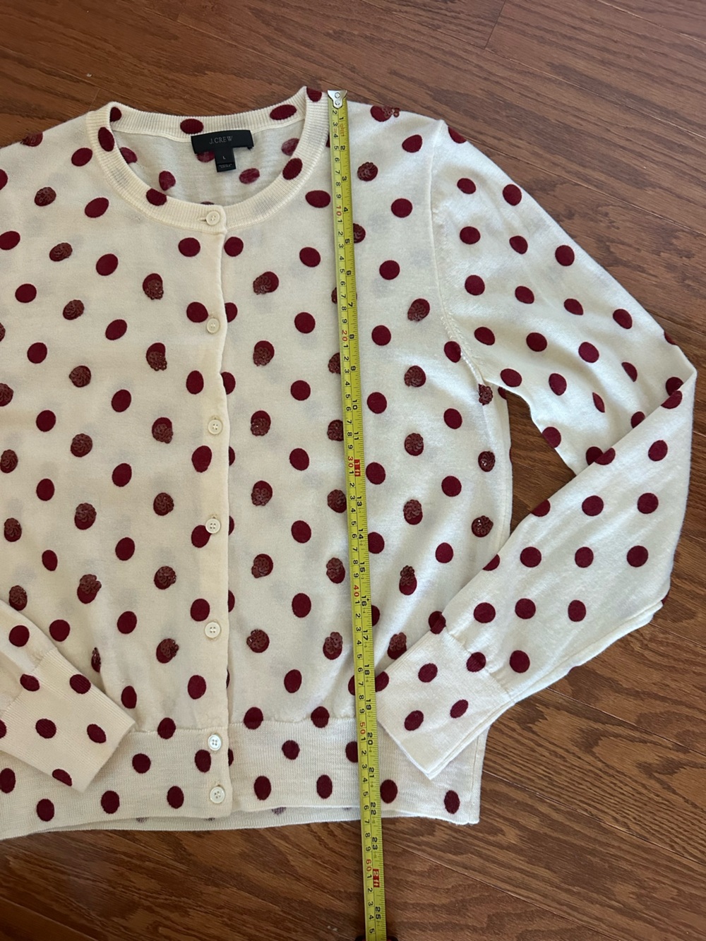 J. Crew 100% Merino Wool Polka Dot Sequin Tippi Cardigan Red Cream Large - Picture 8 of 10
